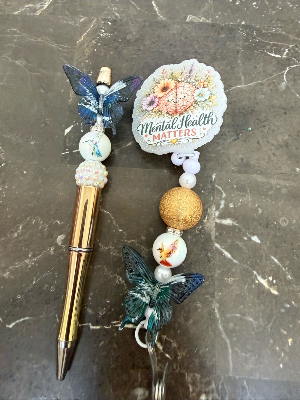 Mental Health Matters Butterfly Beaded Pen and Matching Badge Reel Set Handmade